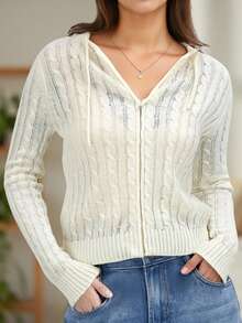 Cárdigan con capucha de punto trenzado para mujer, de unicolor, de manga larga y con cremallera, de estilo casual y elegante - Blanco - Ver 3