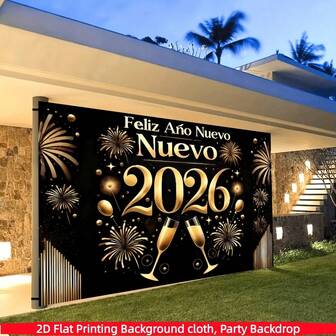1pc 2D Flat Spanish New Year 2026 Party Banner - Elegant Black And Gold Balloons, Colorful Confetti And Champagne Design, Polyester Material With "Happy New Year" Text - A Durable Decoration Suitable For Various Occasions Such As Weddings, Birthdays, Anniversaries, Christmas, Valentine's Day, New Year's Eve, Etc. No Electricity Required, Multiple Sizes Available