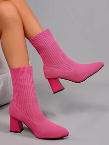 Women's Ankle Boots, Pointed Toe, Chunky Heel, Solid Color Design, Simple Style, Casual And Comfortable, Fashionable And Gorgeous, Elegant And Unique, Suitable For Home Office And Daily Commuting. - 玫紅色 - 查看 3