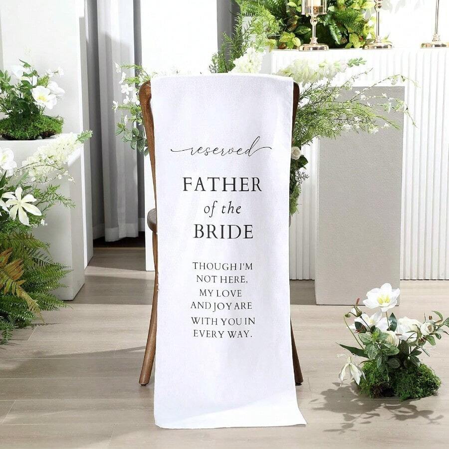WSXC Father Of The Bride Wedding Memorial Reserved Chair Sign Banner In Loving Memory Of Parents Celebrating From Heaven Wedding Linen Memorial Sign Sympathy Gift For Loss Seat White - 白色 - 查看 1