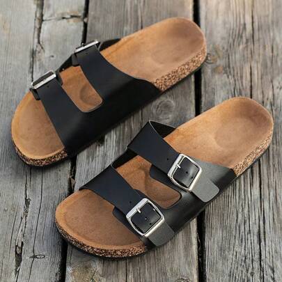 男士黑色复古双扣软木拖鞋，防滑耐磨透气舒适，夏季户外休闲勃肯鞋时尚凉鞋