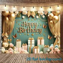 1pc Happy Birthday Background Cloth Banner - Green And Gold Birthday, With Balloons And Flowers, Gifts, Butterfly Design, Suitable For Birthday Celebrations, Multifunctional Photography Background, Home Decoration, Garden, Wall, Indoor/Outdoor Decoration Background, Party Supplies, Anniversary - Multicolor - View 1