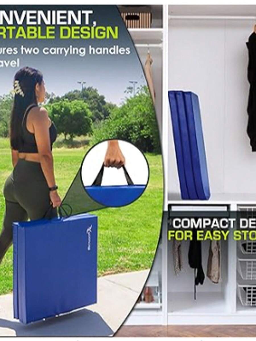 ProSource FitFit Fit Tri-Fold Folding Thick Exercise Mat 6'x2' with Carrying Handles for MMA, Gymnastics, Stretching, Core Workouts - Azul - Ver 1