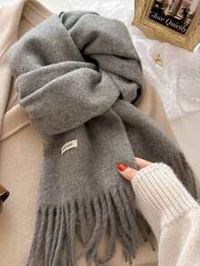 2025 Korean Style Solid Color Tassel Winter Scarf, Warm Knitted Scarf For Women, High-Quality Autumn/Winter For Dress - Xám - Xem 6