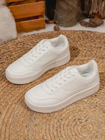 2025新款秋季女士透气白色运动鞋，韩版百搭厚底休闲硫化鞋