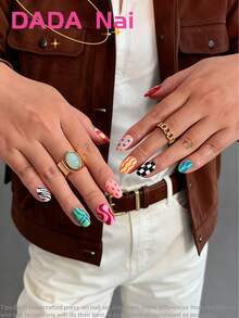 10pcs Handmade Acrylic Nail Stickers, Nail Art Supplies, Oval Nail Stickers, Short Nail Stickers, Colorful Nail Stickers, Christmas Nail Stickers, Affordable Price, Cute Nail Stickers, Polka Dot Nail Stickers, Autumn Nail Stickers, Party Nail Stickers, Plaid Nail Art, Zebra Print Nail Art, Linear Geometric Nail Art, Fine Glitter, Solid Color, Nail Art Set, Includes Nail Tools Press On Nails - Multicolor - View 3