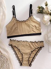 Conjunto de lencería inalámbrica de tono de piel para mujer, conjunto de sujetador y pantie cómodo con ribete de volantes sólido acanalado y sexy - Albaricoque - Ver 6