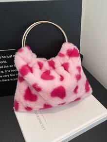 优雅心形晚宴手拿包，女士正式派对手提包，温柔甜美女孩单肩包，纯色毛绒水桶包，情人节新娘包 - 粉色 - 查看 10