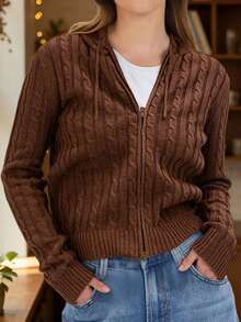 Women's Spring Cable Knit Hooded Cardigan Fashionable Casual Solid Color Long Sleeve Zip Up Sweater Casual Street - 深棕色 - 查看 6