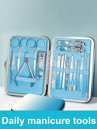 7pcs/12pcs/17pcs Ombre Ice Flower Blue Nail Clippers Set, Stainless Steel Nail Scissors, Personal Care Tools, Portable Manicure Beauty Tool Kit, Suitable For Home, Travel, Gifts