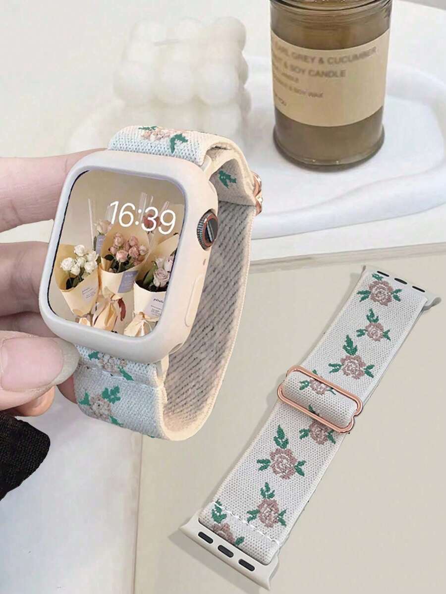表带 + 保护壳，二合一套装。2025 年夏季新品：超薄弹性透气可调节刺绣玫瑰尼龙表带和镂空柔软 TPU 米色保护壳，适用于 Ultra 2 1 SE S9/8/7/6/5/4/3/2/1 系列 38/40/41mm 42/44/45/49mm 女款智能手表