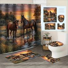 Juego de 1/4 piezas de cortina de ducha con patrón creativo de caballo bebiendo agua al atardecer, que incluye alfombra antideslizante, tapete de inodoro, alfombra de baño, cortina de ducha opaca y 12 ganchos resistentes, decoración y accesorios de baño de alta calidad, adecuados para todos los estilos de decoración del hogar - Multicolor - Ver 18