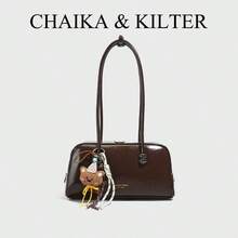 1件 CHAIKA & KILTER 纯色亮面PU面料单肩包，女士时尚大容量保龄球包，双提手设计，拉链封口，适合日常和户外使用（附赠吊坠） - 咖啡 - 查看 11