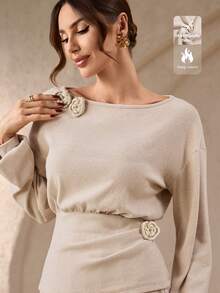 女士秋冬复古风针织毛衣 – 纯色，宽领，落肩袖，花卉点缀，宽松版型，适合日常休闲和新年购物 - 麻色 - 查看 3