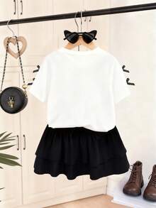 Young Girl Bow Embroidered Graphic Round Neck Short Sleeve Top And Skirt Set - White - View 2