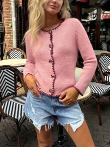 Women's Contrast Trim Round-Neck Long-Sleeved Button-Up Cardigan, Popular In Autumn And Winter, Casual Streetwear, Fall, Out-Going, Christmas, Thanksgiving