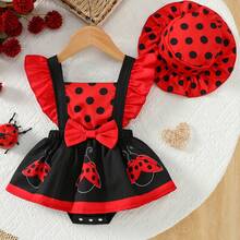 两件套：女婴可爱波点瓢虫印花连体衣，露肩荷叶袖，搭配波点帽子，夏季 - 彩色 - 查看 2