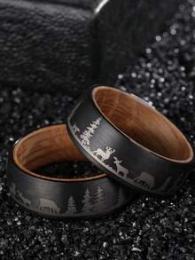 1pc 8mm-Wide Tungsten Carbide Trees Forest Hunting Dear Lasered Silver Black Whiskey Barrel Wood Ring For Wedding,Exquisite Men's Accessory Jewelry Ornament For Daily Wear For Banquet Party Holiday Birthday Anniversary Gift