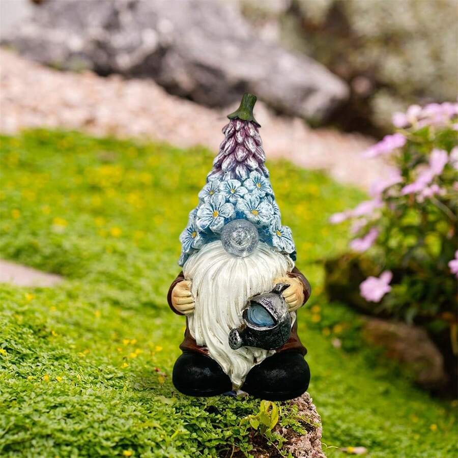 Gnomos iluminados para exteriores, decoraciones de jardín, diseño floral, figuras de enanos pequeños de resina para escritorio, patio y jardín. - Azul - Ver 1
