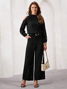 Amorya Women's Off-Shoulder Long Sleeve Jacquard Loose Fashionable Elegant Blouse - Black - View 5