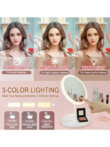 1pc LED Round Makeup Mirror With Light, 3 Color Touch Control Dimmable, Home Vanity Mirror Lamp, Portable Foldable Lighted Makeup Mirror, USB Rechargeable Vanity Light - 3 Colors - View 4
