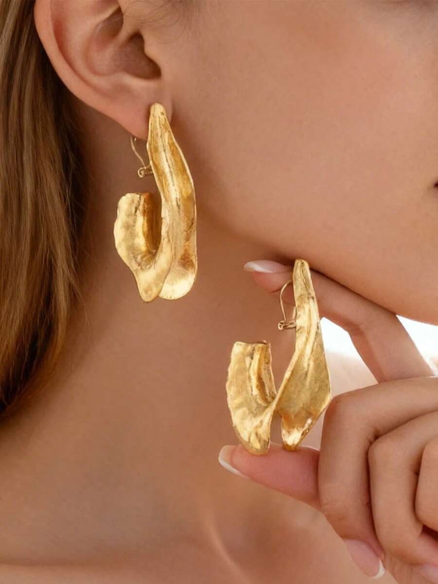 1件合金镀金不对称几何耳环，精致派对佩戴，简约耳夹，适合女性日常佩戴 - 彩色 - 查看 1