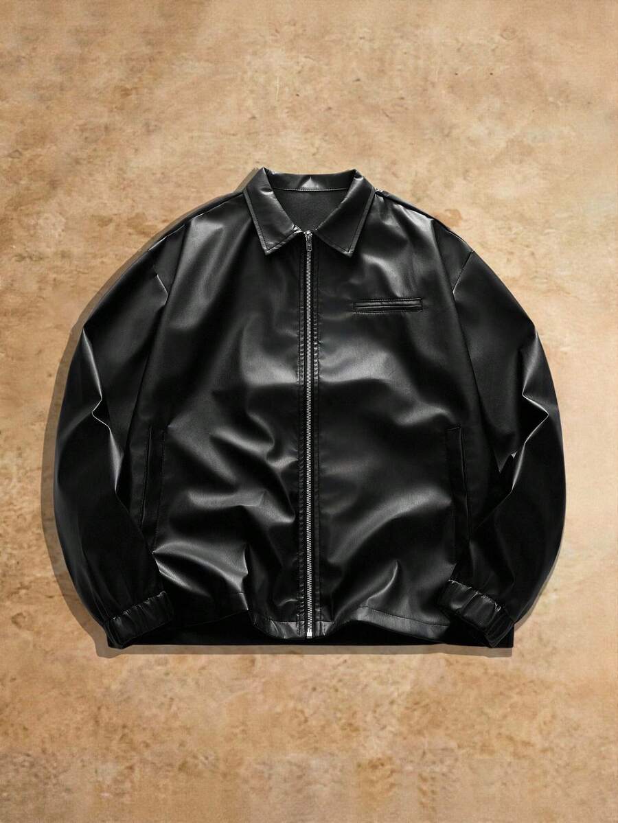 Men's Fashionable Daily Casual PU Leather Fitted Long Sleeve Men Jacket, Urban Black Jacket, For Friends, Husband, Boyfriend Gifts - Black - View 1
