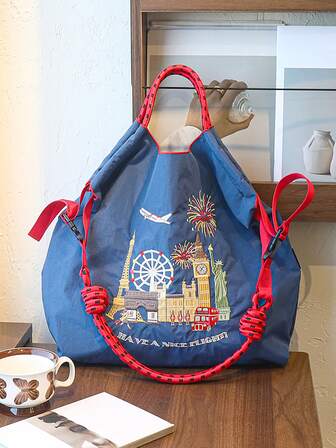 1 st ny avslappnad broderad nylonväska med fyrverkerier och mönster, stor kapacitet och lättviktig, lämplig för pendling, shopping, fest, axel- och crossbody-väska