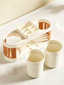 Toothbrush Holder And Toothpaste Holder Set With Drain - Perfect For Bathroom Storage And Organization, Modern Toothbrush Holder With Dual Cups, Toothbrush And Mouthwash Cup Set, Space-Saving Bathroom Organizer For Toothpaste & Brushes, Toothbrush Holder Set, Home Decor, Toothbrush Organizer, Gargle Cups, Bathroom Accessories, Ramadan Items, Valentine Gift, Galentines, Bathroom Essentials - Multicolor - View 8