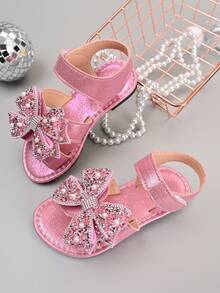 2026 New Kids Sandals, Silver Glitter Upper, Pearl Bow Decor, Princess Vibe, Versatile For Daily Wear - Pink - View 5
