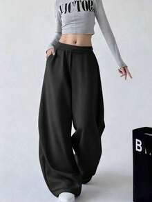 1件装少女休闲直筒保暖裤，适合户外运动和锻炼，时尚简约设计 - 黑色 - 查看 5