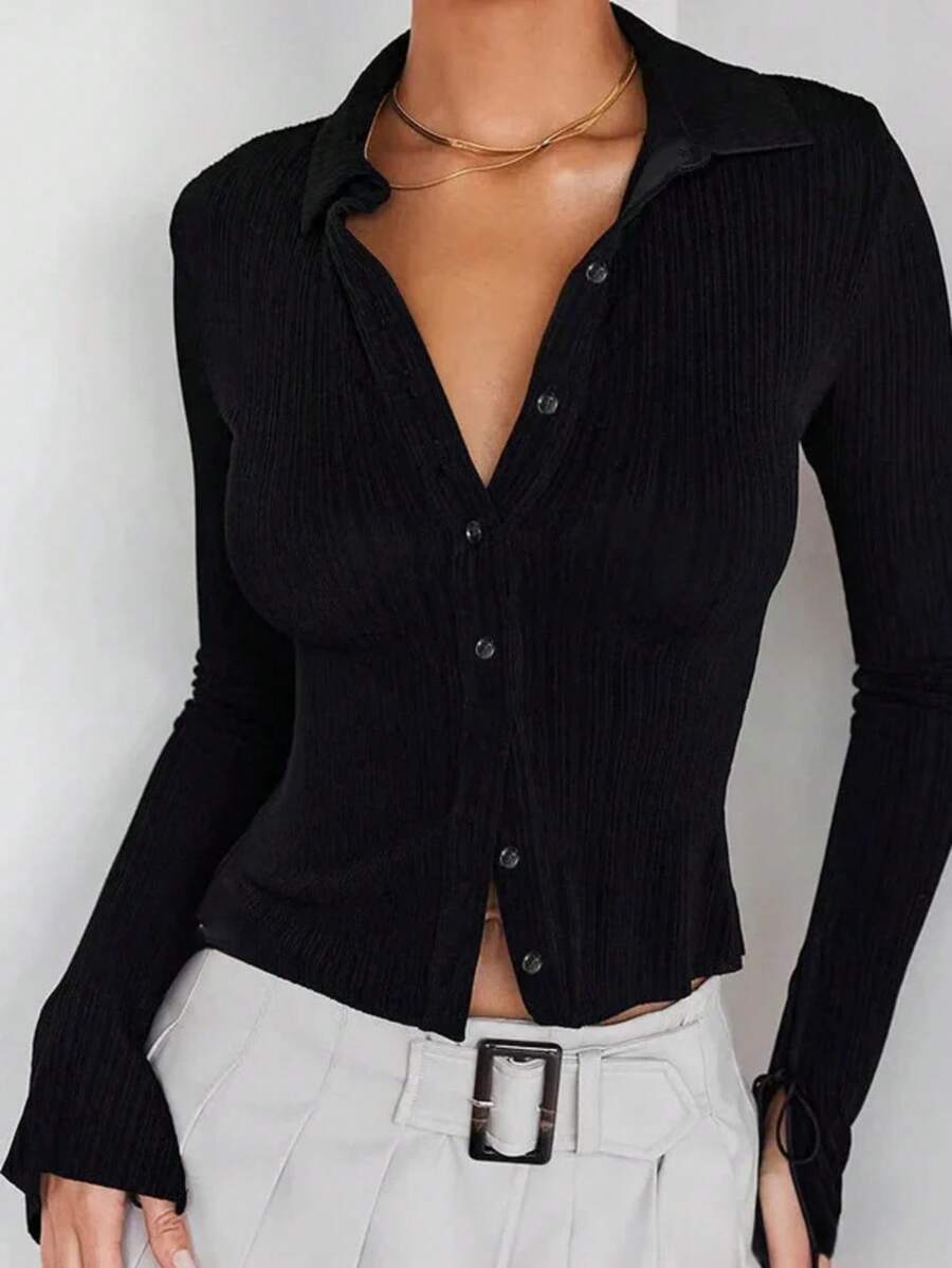 Vuslat 女士春季 Y2K 复古纹理荷叶边长袖蝴蝶结袖口装饰领衬衫，适合春假、情人节、外穿、休闲女式衬衫，Y2K 时尚，黑色衬衫，返校季 - 黑色 - 查看 1