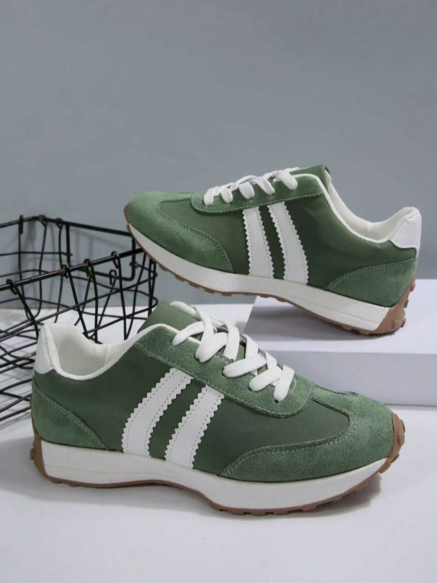 Women's New Green & White Striped Casual Sports Outfit, Retro Fresh Style Suitable For Spring & Autumn, Striped Patchwork Design Simple & Eye-Catching, Suitable For Daily Wear, Sports Patchwork Lace-Up Homewear