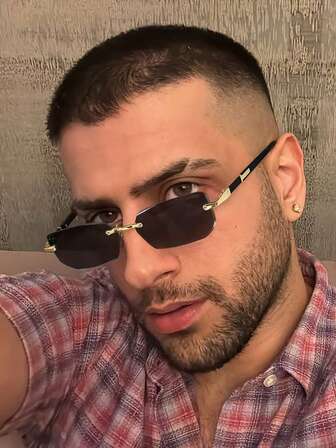 1 pieza Gafas de moda con montura metálica casual y retro de estilo rectangular sin marco para hombre, para uso al aire en la oficina