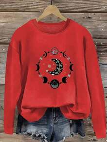 Simple Solid Hoodie Plus Size Women's Clothing, Red Bohemian Astrology Sweater - 260g Heavyweight Crew Neck Pullover, Gradient Red And Black Geometric Pattern, New Moon And Twelve Constellations (Aries, Taurus, Gemini, Cancer, Leo, Virgo, Libra, Scorpio, Sagittarius, Capricorn, Aquarius, Pisces) - Machine Washable Casual Elegant Spring Autumn Layered Sweater, Suitable For Spring Fashion, Autumn And Winter Season Matching, Retro Aesthetics, High-Quality Stitching, Soft Fabric, Fashion Knitwear, Printed Top, Essential For Bohemian Enthusiastslong Sleeve Tops - Đỏ - Xem 1