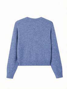 Sylvia Women's Solid Color Basic Minimalist Button-Up Round Neck Loose Soft Knit Cardigan, Relaxed And Gentle Vibe Suitable For Daily Commute, Work, Travel, Afternoon Tea, New Year - Blue - View 7