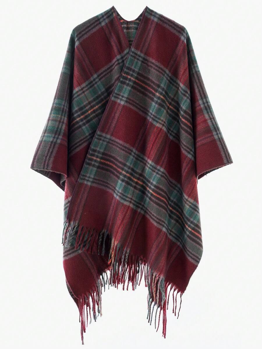 1pc Women's Fashionable Plaid Warm Scarf Shawl Poncho - Wine Red-a - View 1