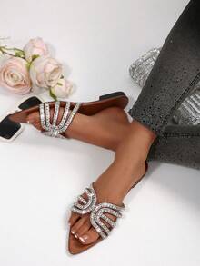 Summer New Pointed Toe Minimalist Lightweight Open Toe Slip-On Glass Rhinestone Casual Fashion Women Beach Sandals - Brown - View 3