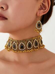 Vintage Exotic Bohemian Palace Style Rhinestone Tassel Pendant Earrings Set, Luxurious Fashion High-End Bridal Wedding Party Necklace Earrings 3-Piece Set - Ancient Gold 8-piece Water Drop Set - View 8