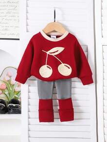 2件套女婴可爱休闲长袖卫衣+打底裤套装，秋冬季 - 紅色 - 查看 1