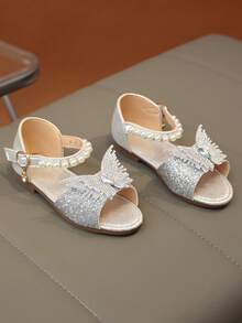 1双时尚百搭女童珍珠水钻蝴蝶结装饰可爱平底凉鞋，圆头，适合日常穿着、跳舞、户外活动，饰有亮片，闭趾公主鞋，春秋季款 - 銀色 - 查看 5