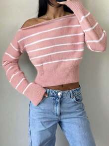 Women's Color-Blocked Striped Top, Off-Shoulder Long-Sleeved Sweater, Casual Street Chic, Popular In Autumn And Winter, Versatile For Office Outfits, Off-Shoulder Top, Pullover For Women, Autumn Clothing For Women,Christmas Women's Clothing,Thanksgiving Outfits For Women.