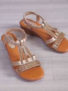 Sandali con zeppa boho in stile estivo con strass, sandali da spiaggia per donna con cinturini intrecciati, suola spessa comoda e antiscivolo - Dorato - Visualizzare 5