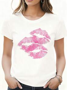 White T-Shirt With Pink Lip Print For Casual Wear Home Travel Festival Party - Black - View 1