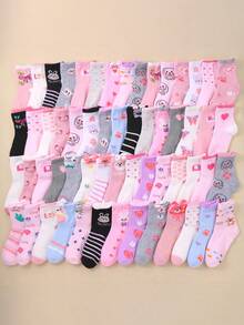 20双装柔软儿童圆领袜，兔子、蝴蝶结、爱心图案，女童袜，可爱卡通设计，舒适透气，柔软不勒脚，适合日常穿着（0-16岁），四季皆宜，儿童袜，女童袜，卡通袜 - 彩色 - 查看 3