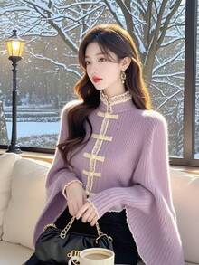 中国風チャイナドレスショールセーター女性用 - ゴールドボタン付きの柔らかいスタンドカラージャケット、結婚式、文化イベント、オフィス用のゆったりとした長袖コート（洗濯機洗い可） - 春秋用パープルトップス - 薄紫 - チェックする 5