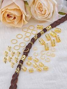 50pcs DIY Heart-Shaped Hair Ring Accessories Metal Cutout Adjustable Fashion Simple Dreadlocks Beads Summer Suitable For Women Dating Valentines, Claw Clips, Hair Slide, Hair Barrettes - Gold - View 5