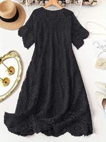 女装，蕾丝V领纯色A字连衣裙，水溶性印花面料，带衬里，优雅短袖荷叶边连衣裙，适合春夏度假，黑色 - 黑色 - 查看 2
