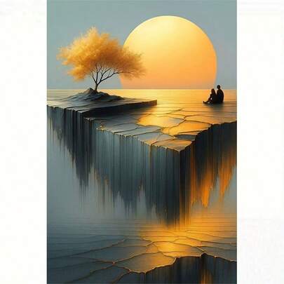 1 Set 5D DIY Diamond Painting Kit - Sunset Couple Silhouette, Seaside Cliff Golden Tree Landscape, Cross-Border Exclusive Christmas Decorations