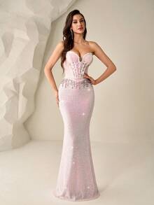 Novo vestido de noite formal sem alças, sexy e elegante, estilo sereia, com lantejoulas, missangas e franjas, adequado para festa de aniversário, receção de casamento, jantar formal, evento de tapete vermelho, gala, baile de caridade de luxo - Baby Rosa - Ver 6